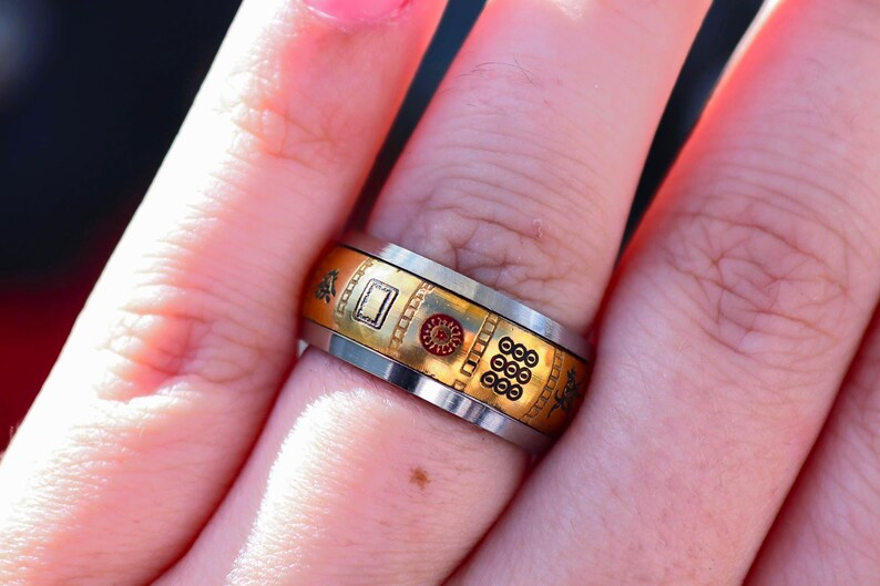 gold chinese character ring mahjong tile jewelry good fortune ring