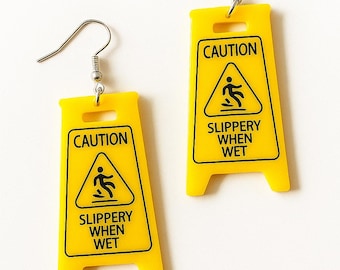 Caution Slippery When Wet Earrings – Funny Sign Earrings | Novelty Dangle Earrings | Retro Yellow Statement Jewelry | Gag Gift for Her