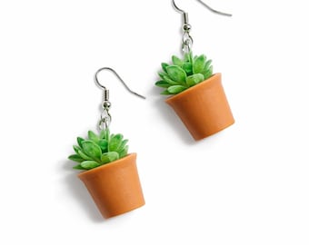 Mini Succulent Pot Earrings • Plant Lover Dangle Earrings • Tiny Terracotta Planter Jewelry