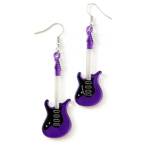 Electric Guitar Dangle Earrings–Purple Red Rock Music Statement Jewelry, Lightweight Acrylic Instrument Earrings for Musicians, Music Lovers