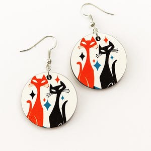 Retro Orange & Black Cat Earrings | Mid-Century Modern Dangle Jewelry | Atomic Cat Lightweight Wood Earrings | Mod Rockabilly Gift for Her