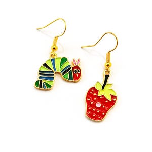 Caterpillar & Strawberry Mismatched Earrings – Whimsical Garden-Inspired Enamel Dangles | Cute Fruit and Bug Jewelry | Teacher Gift