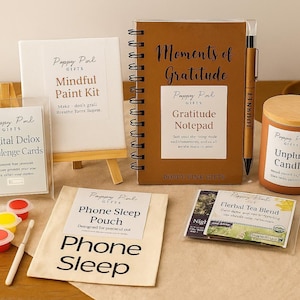 Unplug & Breathe digitale detox geschenkdoos – standaard en luxe zelfzorgkits met mindful verfset, dankbaarheidsdagboek, kaars, detoxkaarten