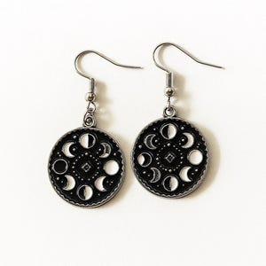 Moon Phase Dangle Earrings –Celestial Jewelry for Moon Lovers & Astrology Fans | Black and Silver Lunar Phases Earrings | Gothic Boho Gift