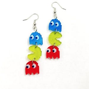 Retro Arcade Game Earrings – Pixel Ghost & Pac Character Earrings | Gamer Girl Jewelry | 80s Gaming Gift |Acrylic Earrings for Nerds, Geeks