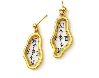 Melting Clock Dangle Earrings-Gold, Silver Surreal Timepiece Jewelry in Small & Large Sizes, Artistic Statement Drop Earrings for Art Lovers