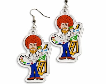 Bob Ross Inspired Painter Earrings • Happy Little Painter Acrylic Dangles • Art Teacher Gift