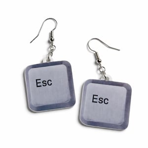 Op de afbeelding: Een paar zilverkleurige oorbellen met een ontwerp van de "Esc"-toets van een computertoetsenbord. De oorbellen hebben een vierkante vorm met afgeronde hoeken en een zilveren haaksluiting. De tekst "Esc" is zwart gedrukt op een lichtgrijze achtergrond.