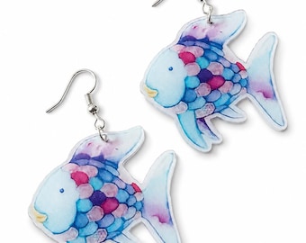 Rainbow Scaled Fish Dangle Earrings: Acrylic Ocean Jewelry