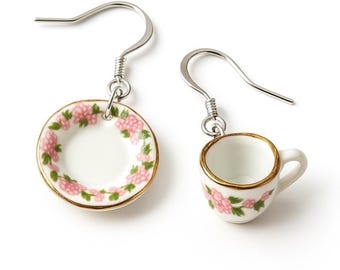 Miniature Tea Cup & Saucer Earrings – Floral Dollhouse Tea Party Dangle Earrings, Mismatched Porcelain Jewelry, Gift for Tea Lovers