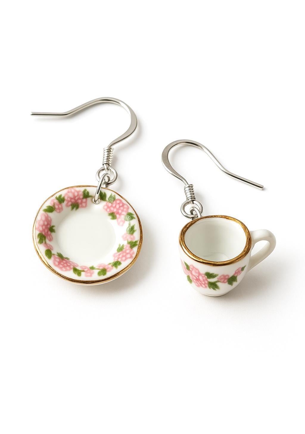 Miniature Tea Cup & Saucer Earrings – Floral Dollhouse Tea Party Dangle Earrings, Mismatched Porcelain Jewelry, Gift for Tea Lovers