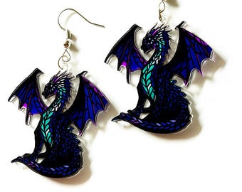 Iridescent Dragon Dangle Earrings: Handmade Acrylic Fantasy Jewelry