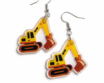 Excavator Dangle Earrings, Construction Vehicle Earrings, Yellow Digger