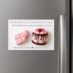 Strawberry Sweethearts Duo Magnets | Cute Pink Chocolate & Cake Fridge Magnets | Kawaii Food Magnets |Valentine Gift |Handmade Kitchen Decor