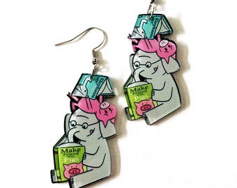 Elephant & Pig Reading Earrings – Whimsical Book Lover Dangle Earrings | Lightweight Jewelry | Fun Teacher Gift | Animal Friendship Earrings