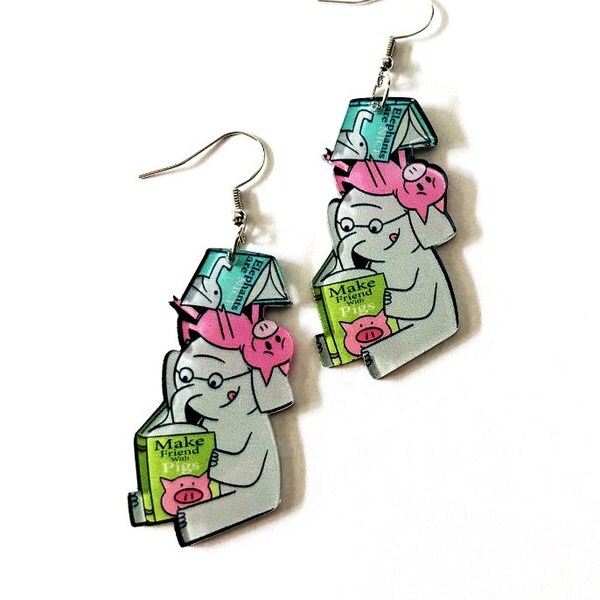 Elephant & Pig Reading Earrings: Whimsical Book Lover Acrylic Dangles