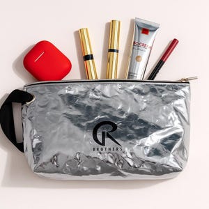 Chic Silver Glossy Makeup Pouch and Towel Set | Cosmetic bag| Medium Size| Travel Essentials | Makeup organizer| Free US Shipping Included