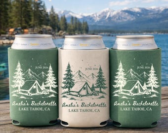 Chłodziarka na puszki na wieczór panieński w obozie, spersonalizowana chłodziarka na puszki na wycieczkę nad jezioro, spersonalizowany prezent dla załogi pokładowej dla panny młodej, uchwyt na napoje dla panny młodej na wędrówkę