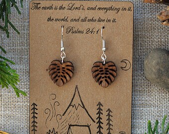 Wood Swiss Cheese Plant Leaf Earrings