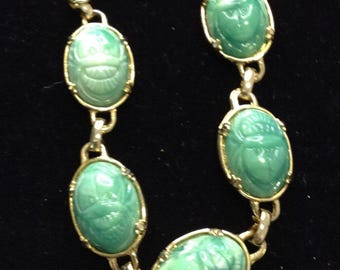 VTG Gold tone Faux Jade Egyptian Revival Bracelet Unusual Chic Old Money Class