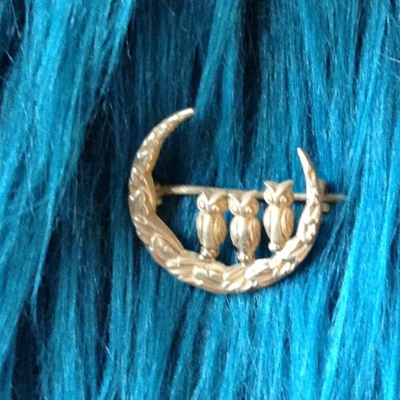 Vintage Sterling Silver Owl Brooch, Art Deco Crescent Moon, Good Luck Charm