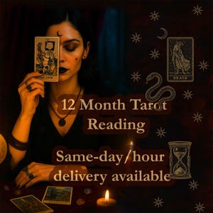 Leitura de Tarô de 12 meses, Orientação Espiritual Intuitiva Mensal de 12 Cartas, Perspectiva Psíquica para o Ano, Previsões para o Ano que Vem e Insight Psíquico
