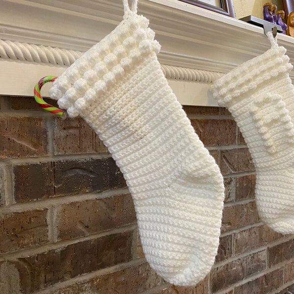 Digital pdf Crochet Pattern for a White Christmas Stocking With a Bobble Stitch Cuff