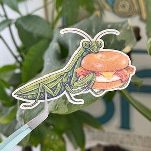 May include: A green and yellow praying mantis sticker holding a bagel sandwich with bacon and cheese. The sticker has a white border and is set against a background of green leaves.