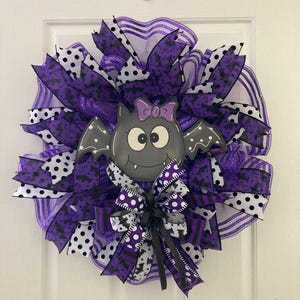 Purple Halloween Bat Wreath – Cute Slim Halloween Wreath for Storm Door, Girl Bat with Bow, Polka Dot Ribbon, Deco Mesh Door Decor