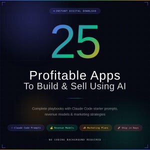 Puede incluir: Gráfico digital que anuncia "25 Aplicaciones Rentables para Construir y Vender Usando IA." El número 25 es grande y verde-amarillo. El texto incluye "Descarga Digital Instantánea" e información sobre modelos de ingresos y planes de marketing.