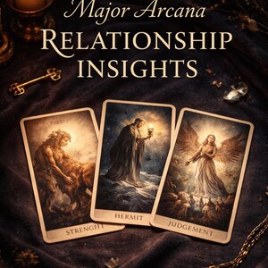 May include: Three tarot cards from the Major Arcana, labeled Strength, Hermit, and Judgement, are displayed. The cards feature detailed illustrations with a mystical theme. The words "Major Arcana Relationship Insights" are written above the cards. A lit candle and other decorative items are in the background.