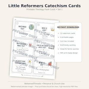 May include: Printable Little Reformers Catechism Cards. The cards feature questions and answers about God, with illustrations of a globe, crown, heart, book, star, and apple. The text includes "Instant Download" details.