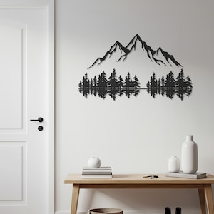 Mountain Forest Metal Wall Art – Rustic Nature Scene with Pines & Reflection, Modern Lodge Decor for Living Room, Entryway or Cabin Walls