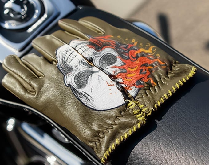 Motorcycle Riding Gloves, Handmade Lambskin with Skull Fire Print – Custom Biker Art