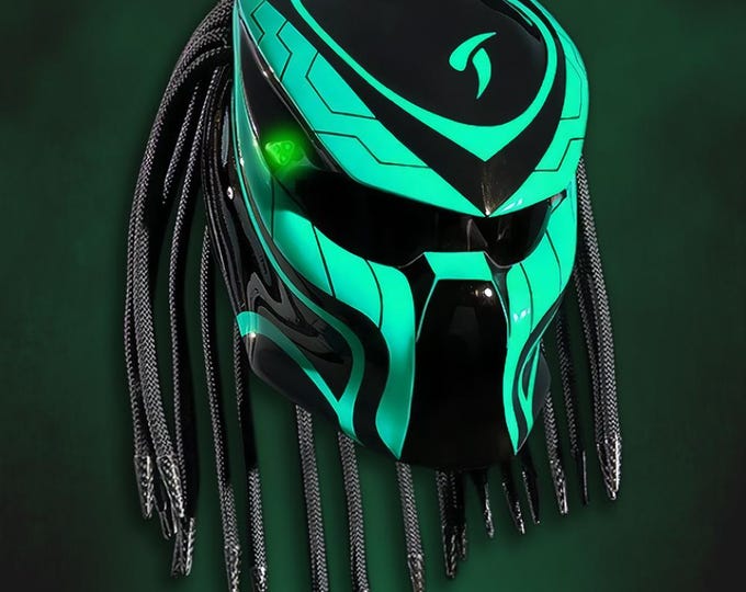 Handmade Mint Green Predator Motorcycle Helmet: DOT & ECE Certified, LED