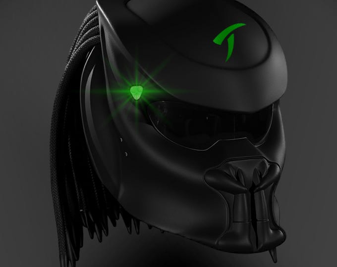 Predator Motorcycle Helmet – Green and Black Fang Design – Custom Airbrush, DOT & ECE Certified