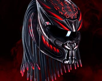 Custom Predator Helmet with LED and Fang Texture – Handmade Motorcycle Helmet, DOT ECE Certified, Cosplay Gear