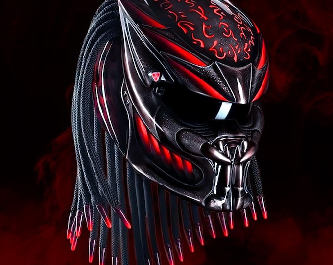 Custom Predator Helmet with LED and Fang Texture – Handmade Motorcycle Helmet, DOT ECE Certified, Cosplay Gear