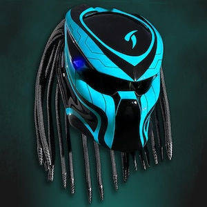 Arctic Blue Predator Apex Motorcycle Helmet Custom Hand-Painted DOT & ECE Certified, LED Light Color