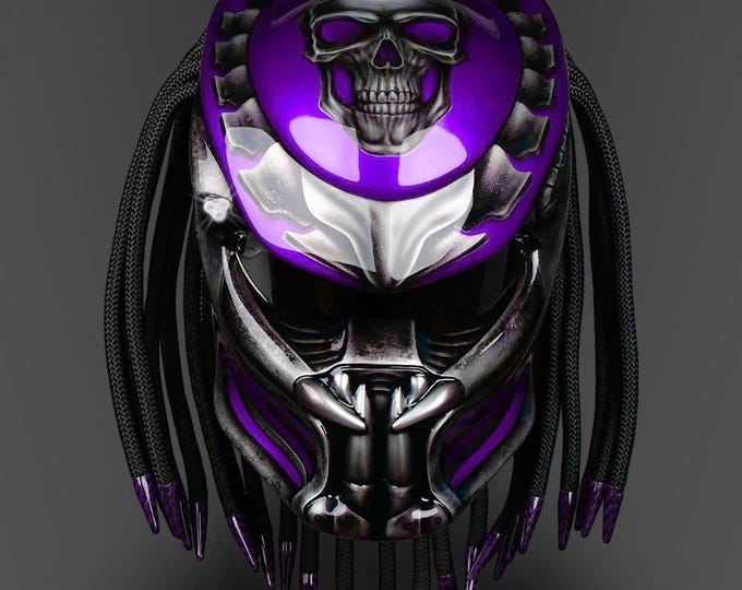 Amethyst Purple Fanged Skull Helmet, Mystical Custom Motorcycle Art, DOT & ECE Certified, Handmade Gear