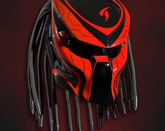 Red Fire Predator Style Helmet – LED Sci-Fi Motorcycle Helmet – Custom Handmade, DOT ECE Certified Biker Gear, Personalization Options