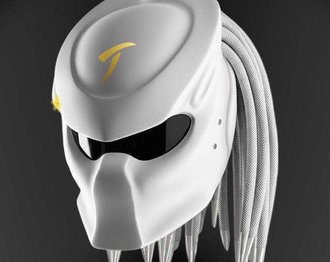 Handmade Airbrushed Predator Motorcycle Helmet, Gold and White, DOT & ECE Certified, LED