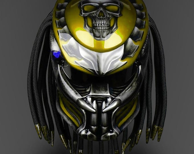 British Yellow Fanged Skull Helmet, Classic Racing Custom Motorcycle Art, DOT & ECE Certified Handmade