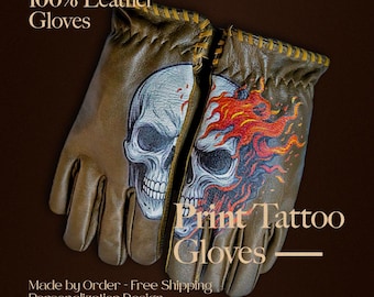Motorcycle Riding Gloves - Safety - Lambskin Handmade - Custom Skull Fire Nightmare Print