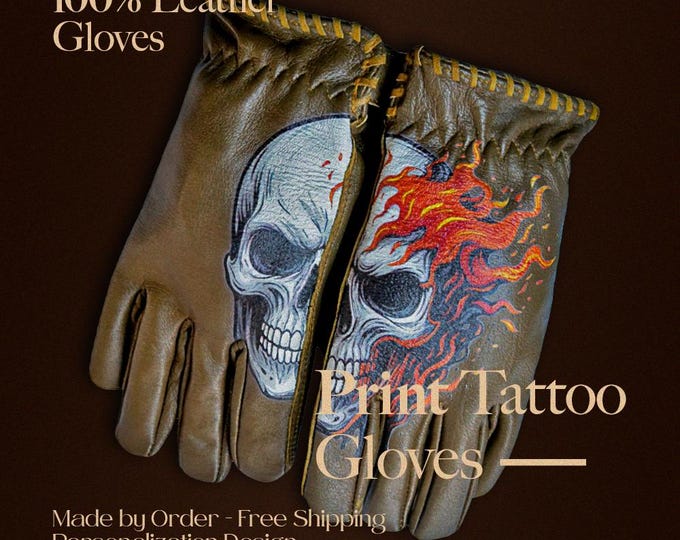 Motorcycle Riding Gloves - Safety - Lambskin Handmade - Custom Skull Fire Nightmare Print