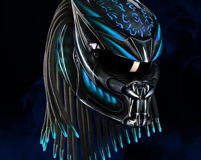 Handmade Sky Blue Predator Motorcycle Helmet: DOT & ECE Certified LED Biker Gear