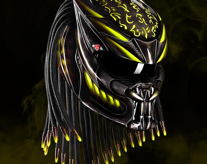 Bright Yellow Fang Predator Helmet, High Visibility Custom Motorcycle Art, DOT & ECE Certified Handmade