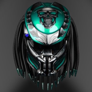Mint Green Fanged Skull Motorcycle Helmet: Retro LED Art, DOT & ECE Certified