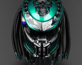 Mint Green Fanged Skull Motorcycle Helmet: Retro LED Art, DOT & ECE Certified