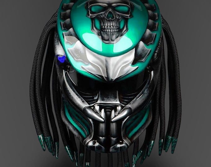 Mint Green Fanged Skull Motorcycle Helmet: Retro LED Art, DOT & ECE Certified